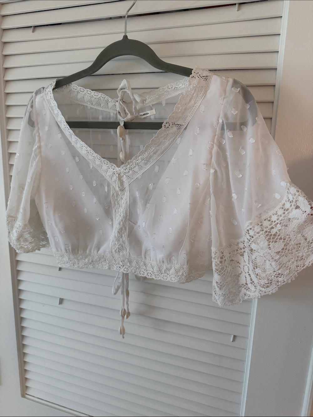Tularosa Ivory Lace-Trim Sheer Blouse w/ Seashells